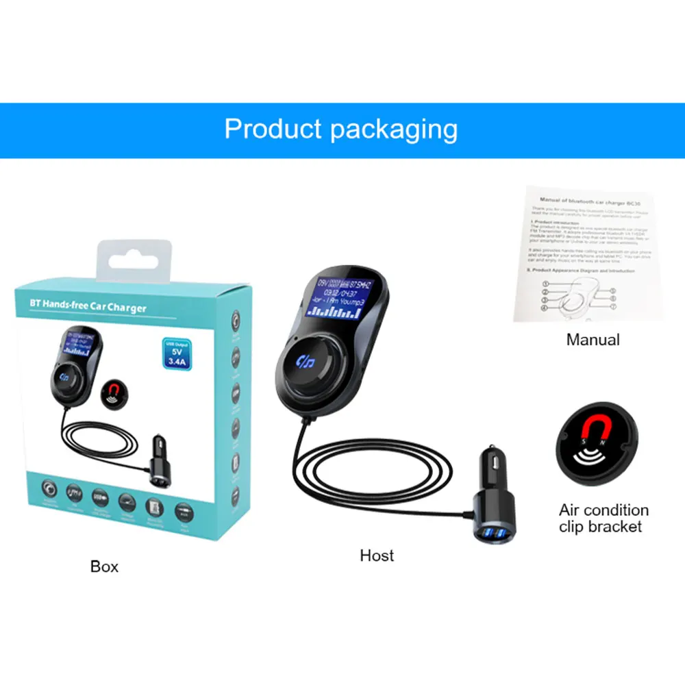 5 В/3.4A Автомобильный MP3-плеер BC30B Bluetooth Hands-Free FM модулятор стерео аудио адаптер fm-передатчик Поддержка TF карты