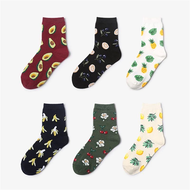 Summer Korean Happy Fruits Socks Lemon Avocado Pineapple Cherry Blueberry Orange Gardenias Banana Leaves Printed Unisex sox