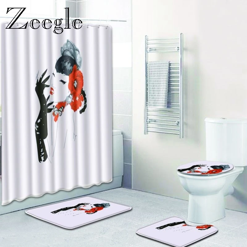 Zeegle Bathroom Mat Set with Shower Curtain Set Animal Pattern Microfiber Toilet Foot Rug Floor Mat Anti-slip 4pcs Toilet Set