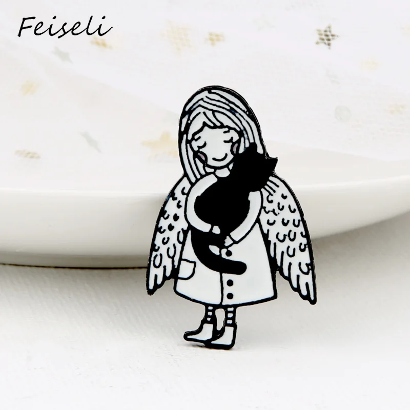 Feiseli, мультяшная эмалированная черно-белая брошь в виде кошки для женщин,, одежда, воротник, корсаж, Металлический Нагрудный значок, ювелирное изделие