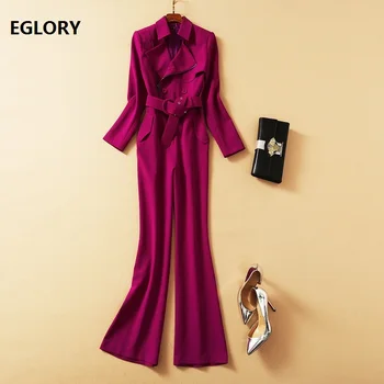 

High Quality New Jumpsuit & Rompers 2021 Spring Women Notched Collar Front Zipper Deco Long Sleeve Elegant Long Jumpuit Purple