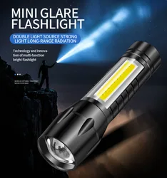 Mini lampe torche de Camping à LED, imperméable, Rechargeable par USB, Zoom télescopique 120LM 3W, Cob latéral, 100 mètres 