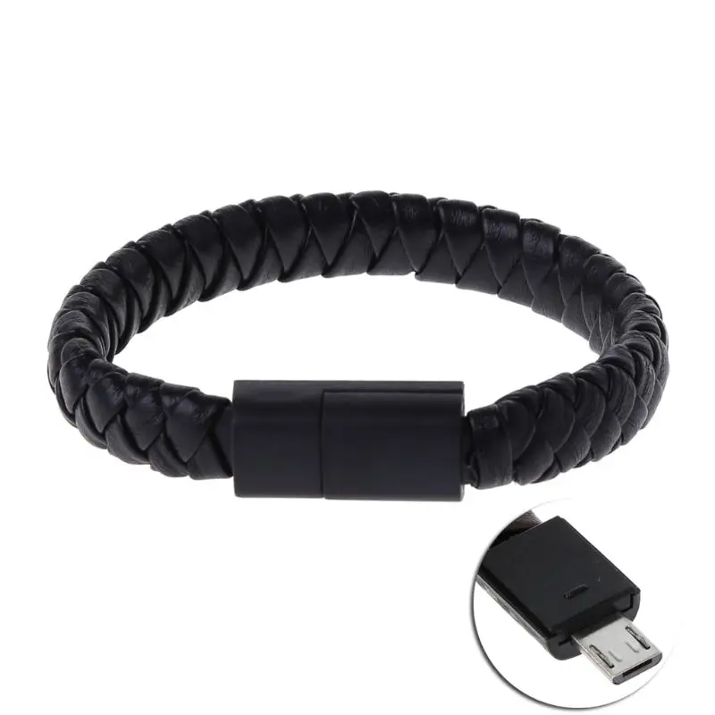 Кабель для передачи данных, быстрая зарядка, заряжатель USB браслета, кожаная плетеная линия, Спортивная портативная для samsung, Xiaomi, huawei, sony, htc, LG LX9A - Цвет: Черный
