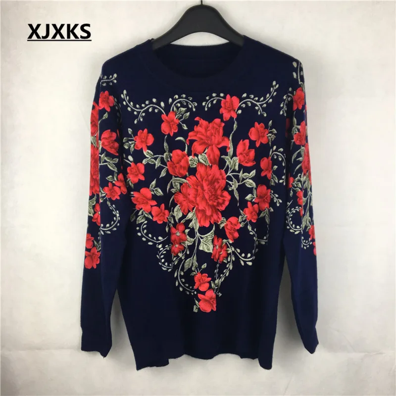 Style 7 XJXKS весна осень зима женские свитера и пуловеры плюс размер мать трикотажные топы с цветочным принтом длинный рукав джемпер - Цвет: Style 7