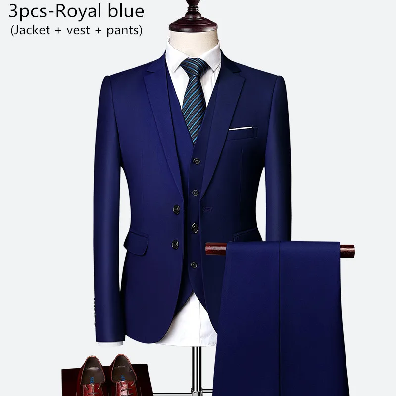 Мужской свадебный костюм, набор из 3 предметов(Блейзер+ жилет+ брюки), королевский синий Высококачественный тонкий костюм на заказ, Азиатский Размер 6XL - Цвет: 3pcs-Royal blue