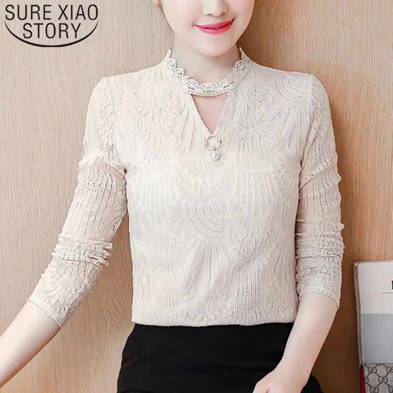 

Autumn 2019 New Casual Lace Women Tops Long Sleeve V-neck Hollow Slim Women Blouses Elegant Women Clothing Versatile 6150 50