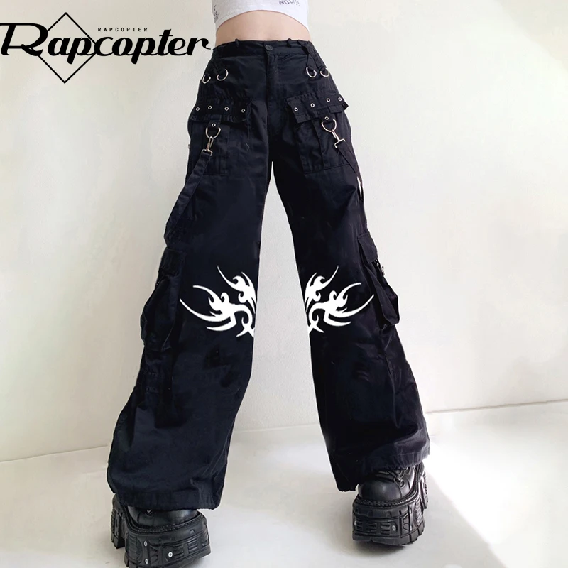 Rapcopter y2k Black Printed Cargo Pants Bandage High Waisted Pockets Zipper  Trousers Women Vintage Punk Gothic Sweatpants 90s