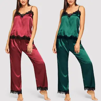 

2Pcs Women Sexy V Neck Lace Patchwork Camisole Long Pants Satin Pajama Home Sleepwear Pajamas