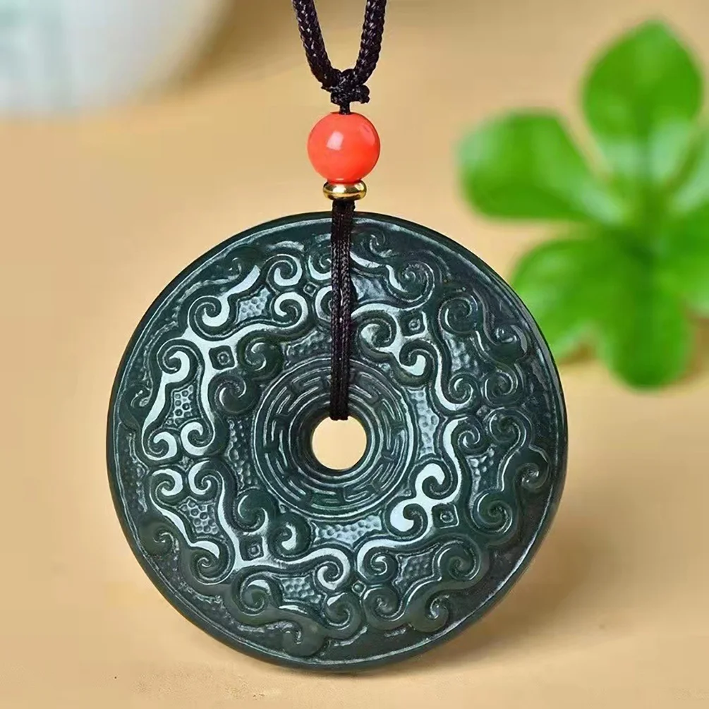

Certified Natural Hetian Jade Pendant Donuts Carved Palindrome Jadeite Jewelry for Men Buddhist Charm Amulet Jade Jewelry