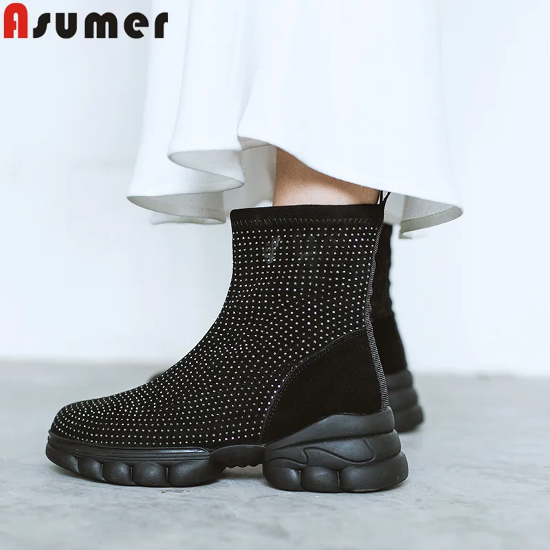

Asumer 2020 new ankle boots slip on autumn winter boots round toe crystal flat with ladies prom boots size 34-40