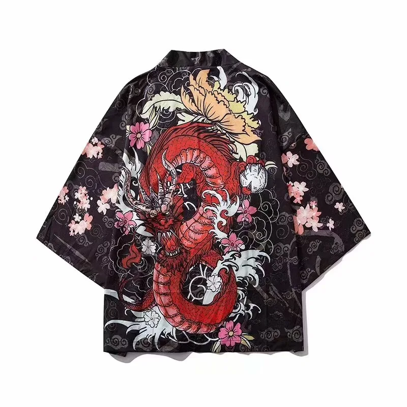 

2020 Summer New Ukiyo-e Harajuku Style Prajna Red Dragon Print Kimono Men Women Tops Cardigan Japanese Traditional Yukata Yuori