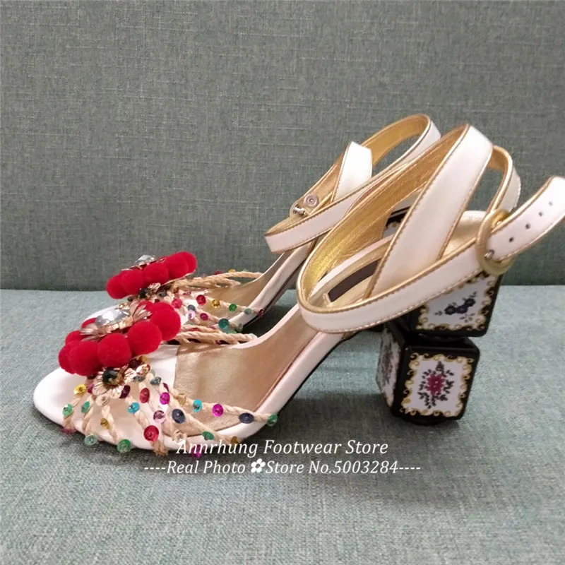Женские босоножки на высоком каблуке с цветочным принтом в стиле ретро; Украшенные блестками; плетеная обувь из ротанга; свадебные сандалии со стразами