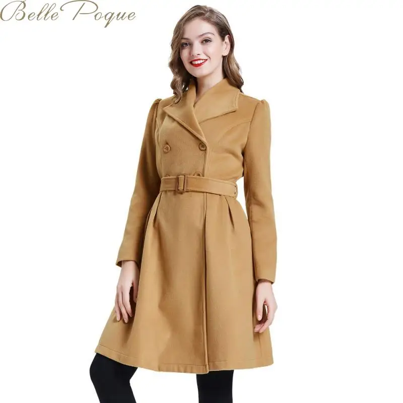 Belle Poque Элегантное длинное женское пальто с лацканами, 2 кармана, куртки с поясом, одноцветное пальто, женская верхняя одежда, зимние куртки