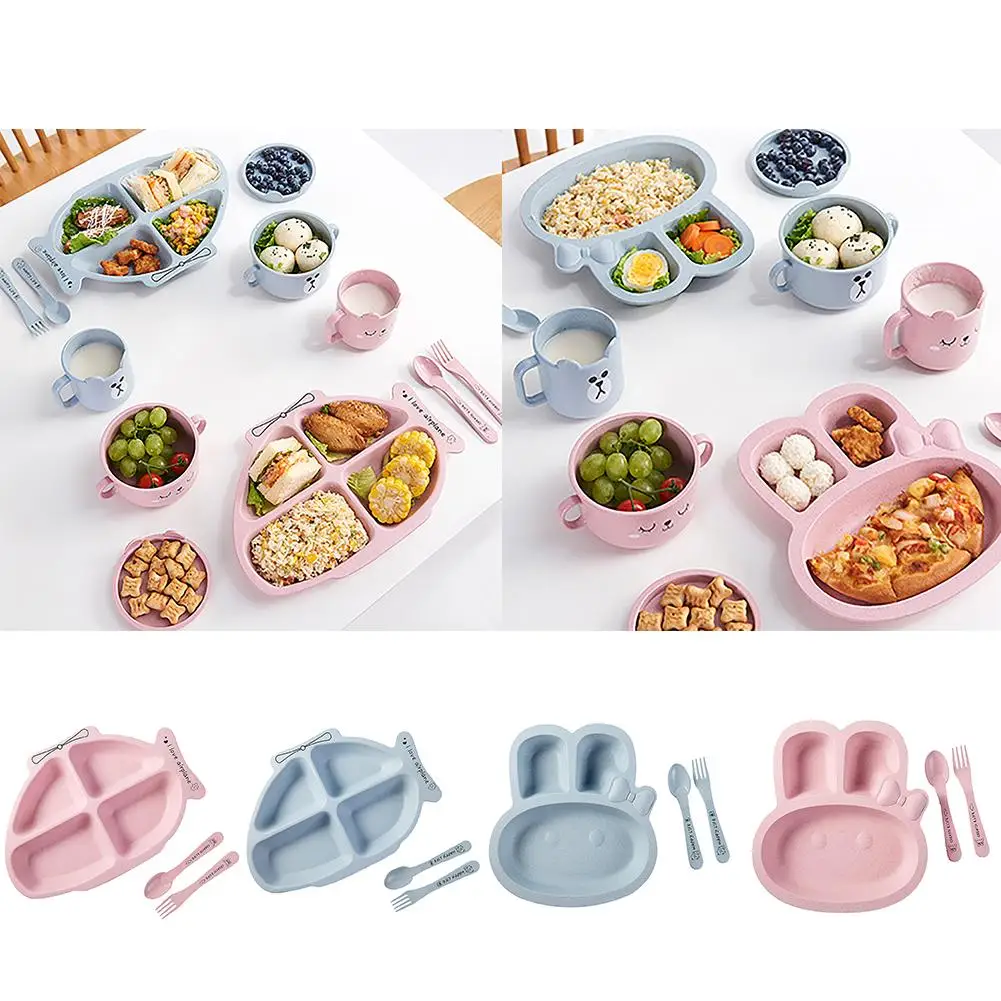

Children's Household Wheat Fiber Children's Tableware Set E791 Cute Cartoon Grid Resistant Plate Fork Spoon Combination