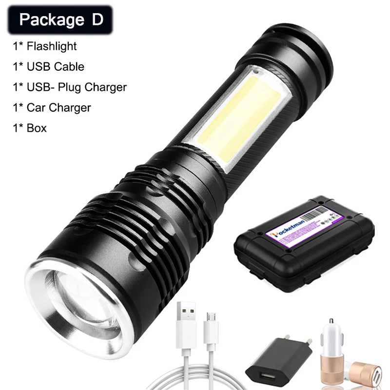 Мощный COB+ светодиодный светильник-вспышка с зумом и ремешком на руку, Перезаряжаемый USB светильник-вспышка со встроенным аккумулятором 18650, тактический светильник-вспышка - Испускаемый цвет: Package D