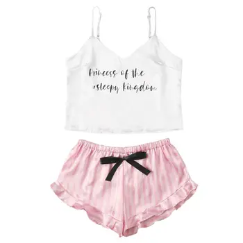 

Sexy Satin Silk Letter Print Pajama Set V-Neck Sleeveless Cute Sleepwear Pyjamas Cami Top Women Short Pijama
