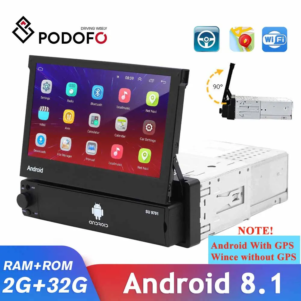 Podofo Car Multimedia Player Retractable Android Wifi GPS Optional Autoradio 1 Din Touch Screen Stereo Receiver Support Camera