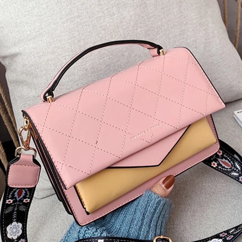 

Women 2019 New Color Matching Wide Shoulder Strap Handbag Fashion High Quality Leather Crossbody Bag Designer Flip Shoulder Bags