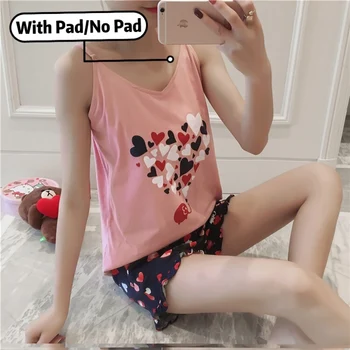 

PAJ vest women pajama set 2pcs with pad pink slim sleepwear girls pyjamas Sexy Cute women's sleeveless home clothes