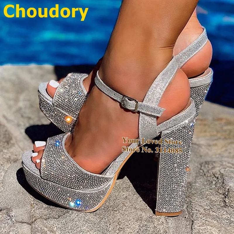 Свадебные босоножки Choudory серебристые на массивном каблуке с блестками и
