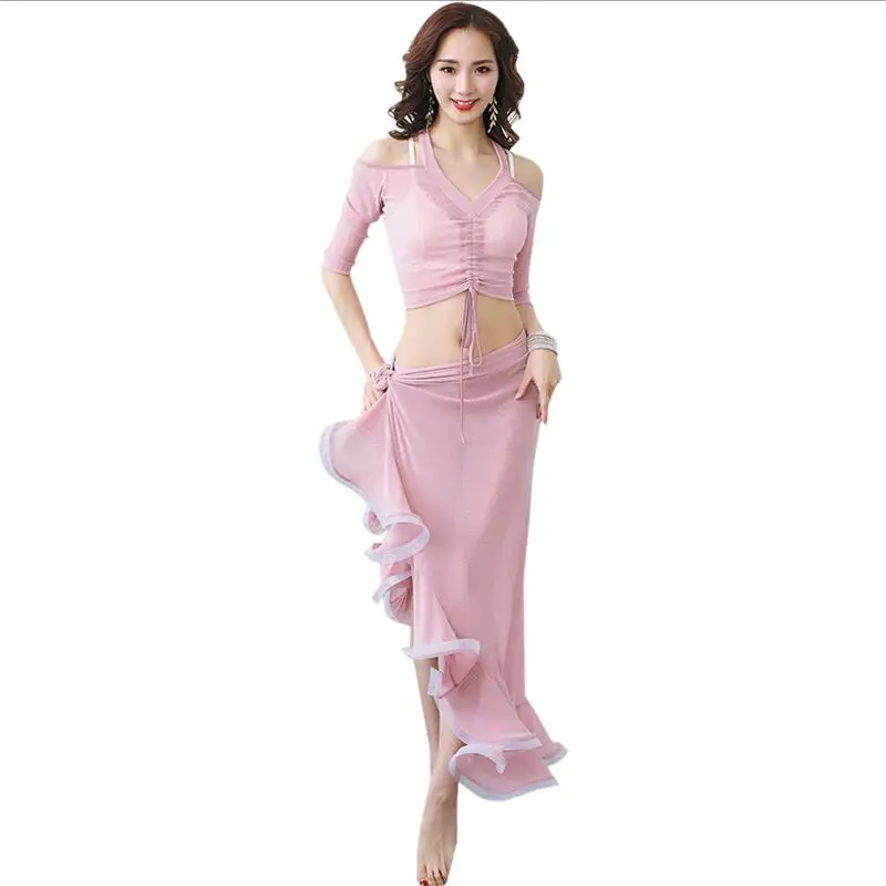 pink-sets Набор одежды для танца живота, топ+ юбка, новинка, весна и лето, Восточный танец, сексуальный женский костюм для взрослых, плечевой ремень - Цвет: pink-sets