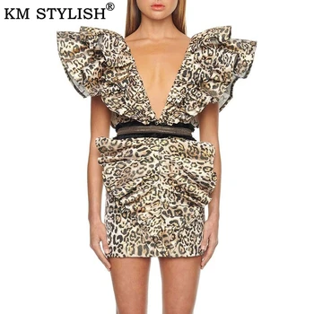 

Fashion Women's Clothings Sexy V-neck Dress Ruffles New Ladies Slim Waist Tassels Leopard Butterfly Sleeve Mini Dress Female