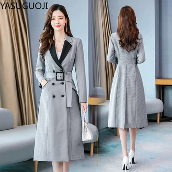 

YASUGUOJI 2020 New Fashion Double Breasted Mid-long Trench Coat Women Casual Plaid Slim Fit Belt Cloak Mujer Windbreaker Female