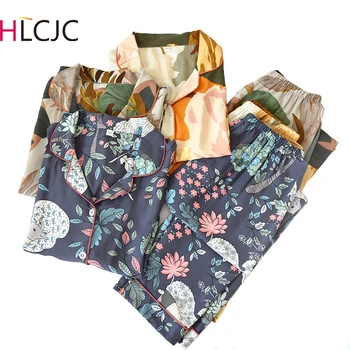 

Spring Summer Thin Fashion Retro Cotton Satin Printing Pajamas Long Sleeve Cardigan Pajama Set 2 Pieces Women Wear Home Clothes