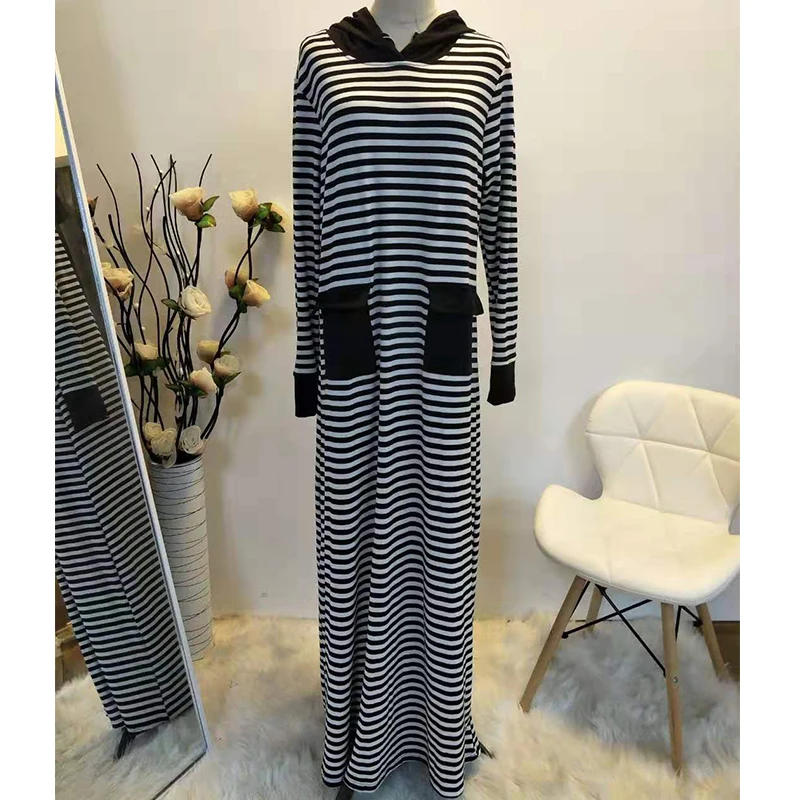Siskakia Patch Pockets Hooded Long Dress Black White Stripes Patchwork Maxi Dresses Autumn 2022 Urban Casual Women Clothes Fall