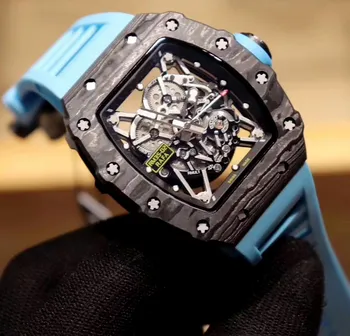 

Classic New Red Black Blue Rubber Men Watch Sapphire Automatic Mechanical Carbon Fiber Tourbillion Calendar Skeleton TPT