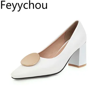 

Women Pumps Shoes High Heel Square Toe Spring Autumn Slip on Thick Heel 2020 Sexy New Fashion Sweet Black White Big Size 34-46