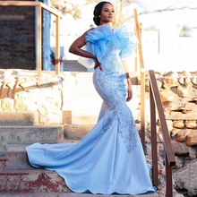 

vestidos de fiesta de noche largos Plus Size Mermaid Prom Dress Jewel Neck Beaded Ruffles Lace African Evening Dress Party Wear