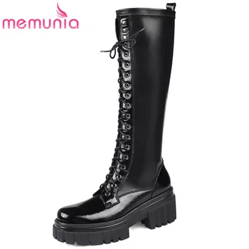 

MEMUNIA 2021 Hot Sale Platform Shoes Women Riding Boots Round Toe Autumn Winter Cross Tied Patent Leather Knee High Boots Woman