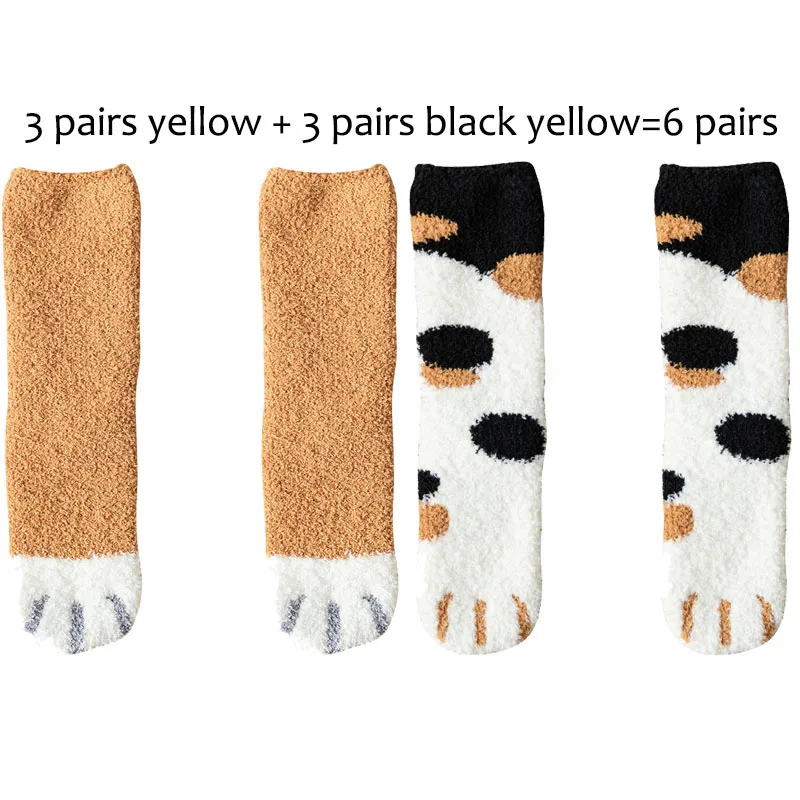 6 пар/лот, новые женские носки для сна с милым рисунком когтей кошки, женские теплые зимние толстые коралловые бархатные носки-Тапочки - Цвет: 3 yellow 3 BY