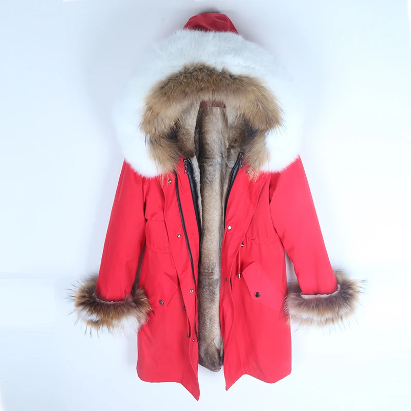 Winter Jacket Women Streetwear Natural Real Raccoon Fox Fur Collar Hood Thick Warm Outerwear rabbit fur liner Long Parka