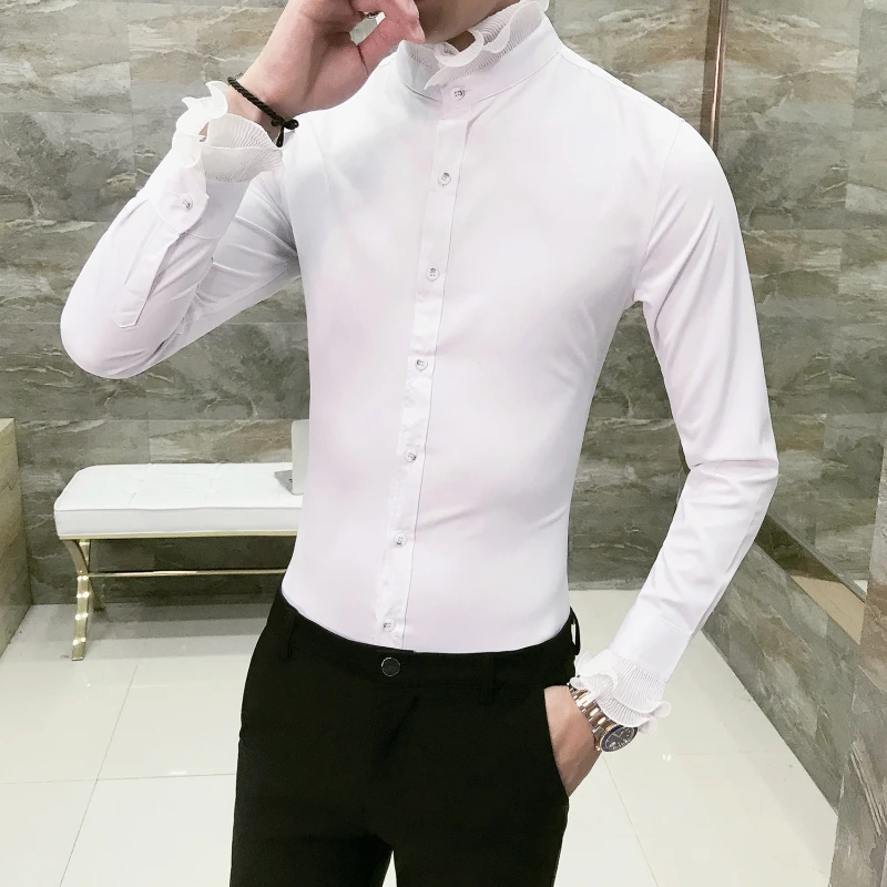 С кружевным воротником; рубашка-смокинг; уникальный дизайн; Винтаж WeddingShirt с длинным рукавом, Облегающая рубашка в готическом стиле Для мужчин Chemise Homme Camicia Uomo