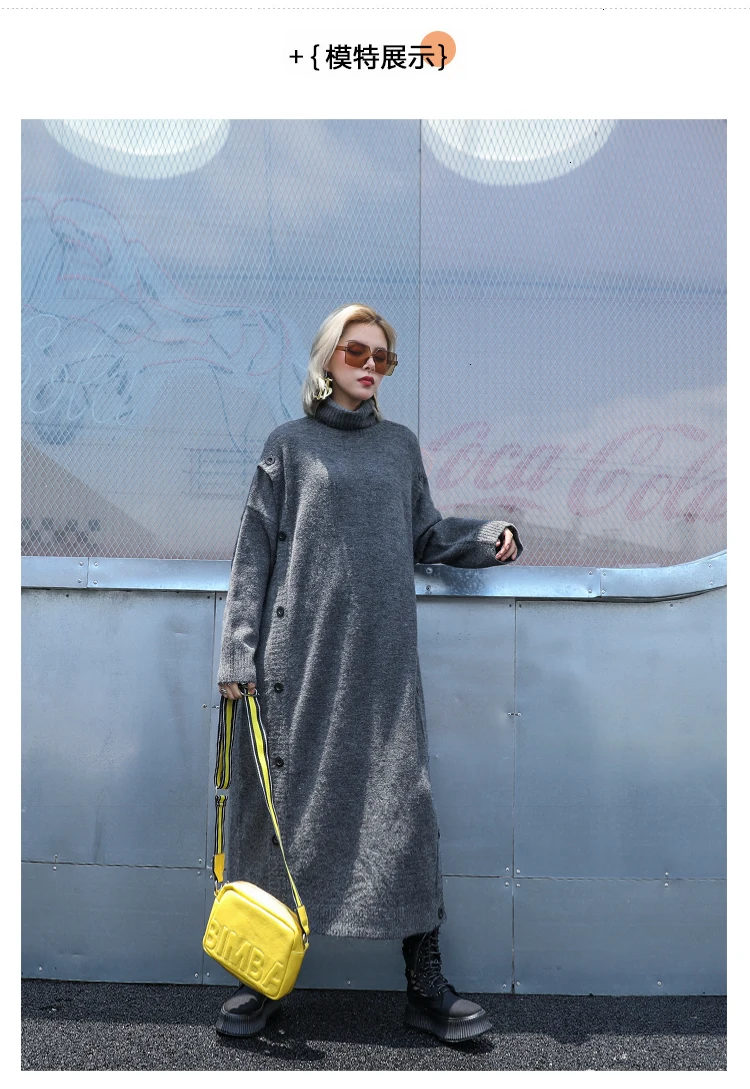 QING MO Black Gray Red Coffee Women Turtleneck Sweater Dress Women Winter Knitted Dress Streetwear Loose Dress ZQY2502