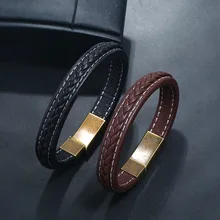 Натуральная кожа, черный, коричневый, бронзовый, дизайн, нержавеющая сталь, магнитная пряжка, шарм, мужской кожаный браслет, размер 20,5/22,5 см