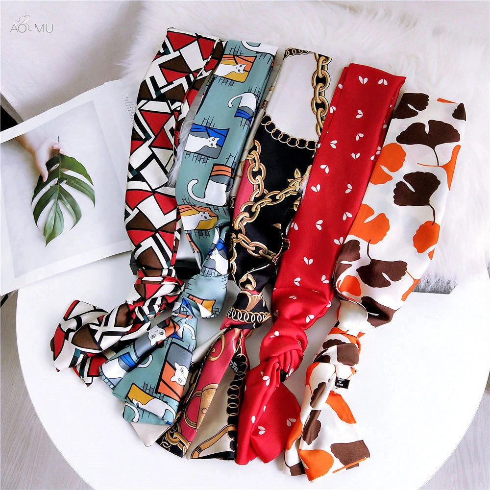 Женский шарф AOMU длинный Шелковый атласный с полосками для волос на завязках зимы
