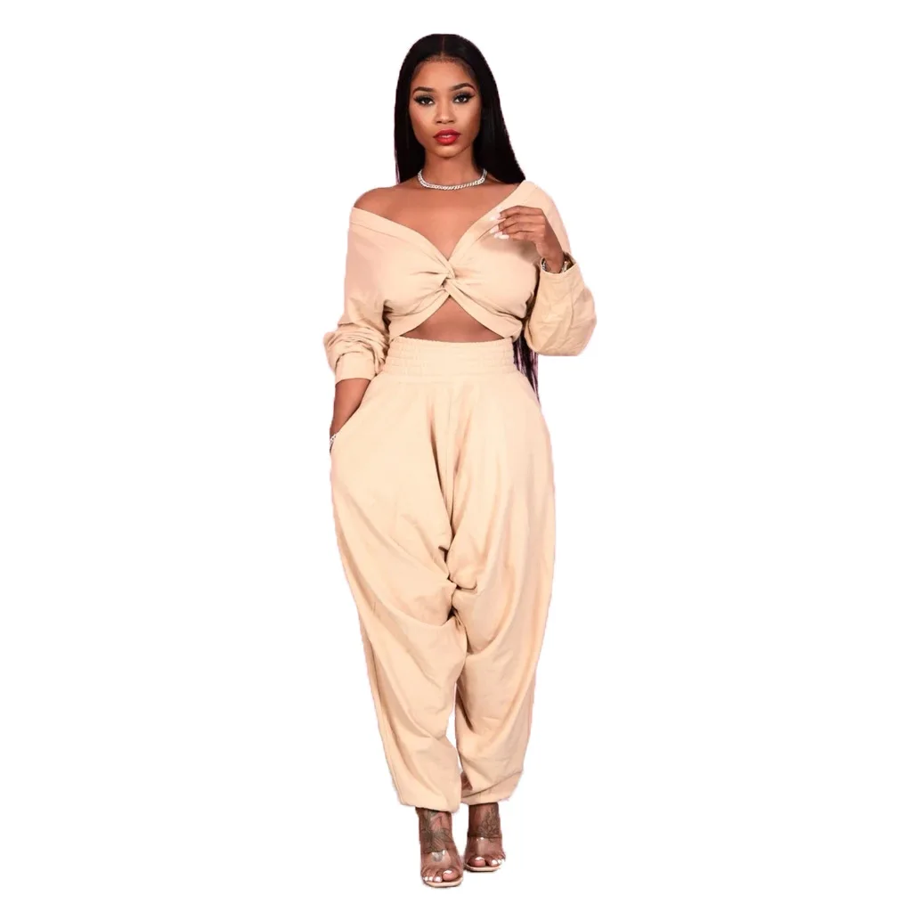 

Solid Color Deep V-Neck Long Sleeve Crop Tops and Stacked Sweatpants Women Two Piece Outfits Winter Casual Tracksuits