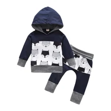 Одежда для маленьких мальчиков; спортивный костюм; зимняя хлопковая теплая одежда; милый свитер с капюшоном и принтом лисы+ длинные штаны; От 0 до 4 лет