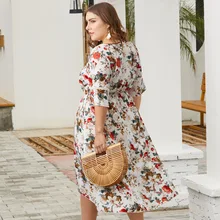 Дизайн, на шнуровке, с v-образным вырезом, на талии, с коротким рукавом, рубашка, большой подол, Европа и Америка, большой размер, платье с принтом