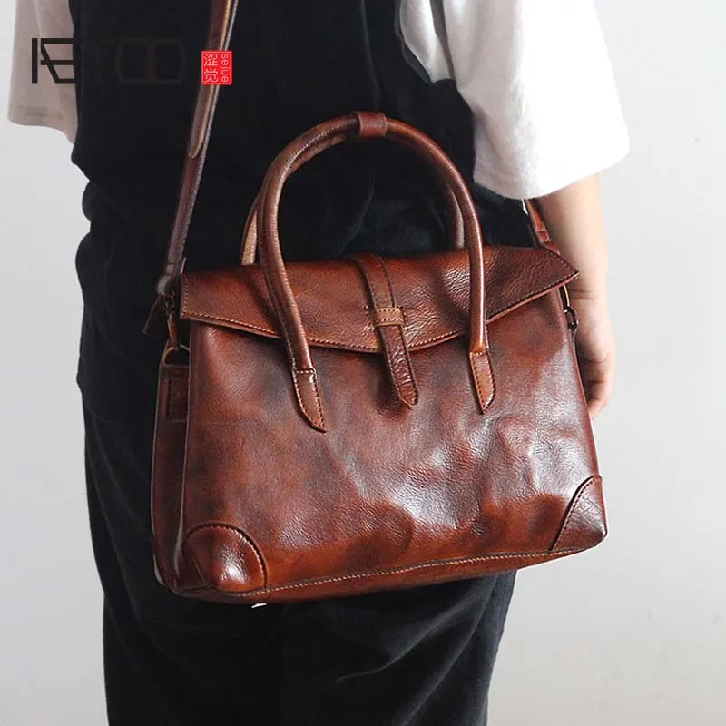 

BJYL The new retro fashion women's first layer cowhide handbag female original hand rub color genuine leather shoulder bag