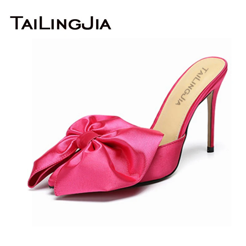

Satin Bowknot Stiletto High Heels Mules Slippers Party Pink Sweet Dress Elegent Ladies Shoes Heeled Pointed Toe Pumps Tailingjia