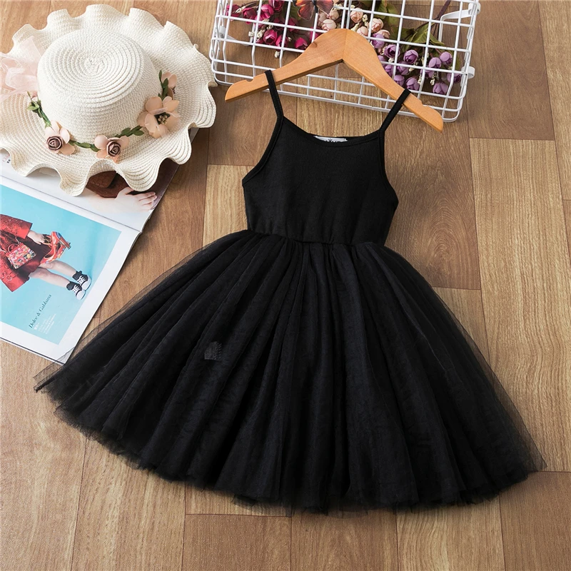 Vest Dress for Girls Solid Black Sleeveless Halloween Girl Costume Cotton Mesh Tutu Dresses