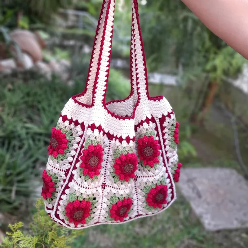 Bolso de ganchillo con forma de girasol para niñas, Cartera de gran capacidad, a mano, con coloridas, estilo bohemio|Tejido DIY| AliExpress