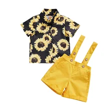 

Summer Toddler Baby Boys Clothing Casual Cotton Outfits Lapel Short Sleeve Sunflower Print Shirts Pocket Suspender Short Pant