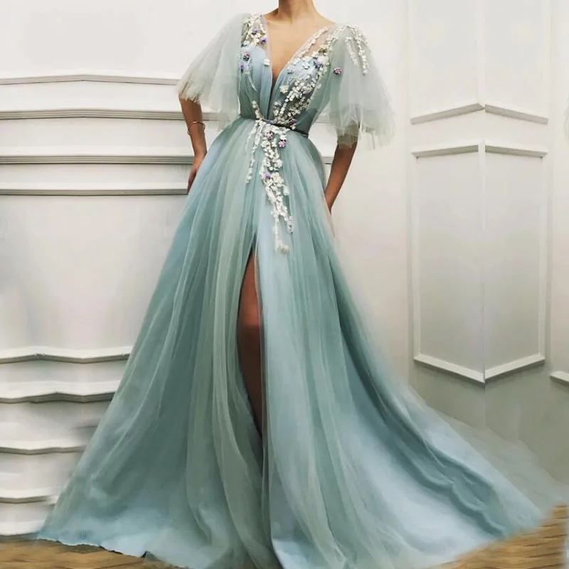 

Sexy Evening Dresses Long V-Neck Appliques Flowers Front Split Tulle Short Sleeves Green Prom Dresses for Party Graduation 202
