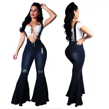 

Blue Strap Jeans Woman Slim Long Bell Bottom Jeans For Women Plus Size High Waist Ripped Flare Jeans Mom Stretch Push Up Denim