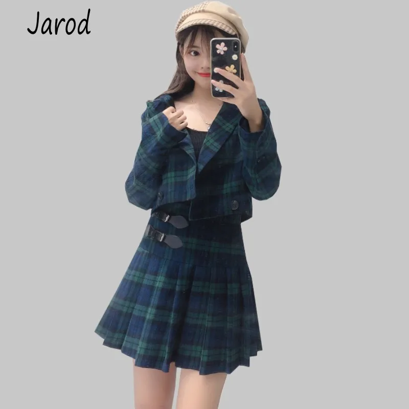 

2019 Autumn Two Piece Plaid Skirt Suit Set Women Korean Style Female Set Mini pleated Skirt And Short Jackets Double Breasted